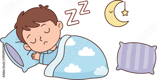 Little Boy Sleeping in Bed Vector Illustration with Blue Cloud Blanket Soft Pillow ZZZ Symbols and Crescent Moon Night Icon