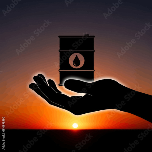 Silhouette of a Hand Holding an Oil Barrel Icon Against a Dramatic Orange Sunset Sky