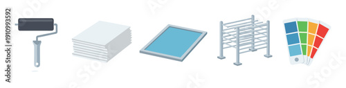 Set of printing and painting tools including a roller, paper stack, screen, drying rack, and color swatch guide in a flat vector illustration style for design concepts
