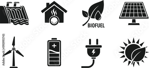 Eco friendly energy icon set including solar panel wind turbine battery and biogas symbols for sustainable living and renewable power