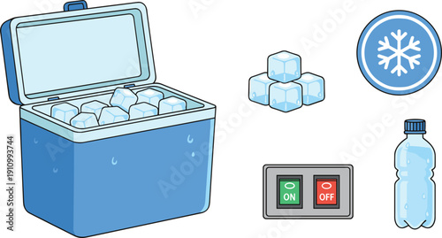 Portable Blue Cooler Box Vector Illustration Set with Ice Cubes Water Bottle Snowflake Symbol and Power On Off Switch Icons