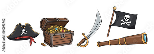 Collection of cartoon pirate equipment and accessories including a treasure chest, hat, sword, flag, and spyglass, drawn in a simple comic book illustration style