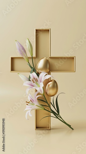 Christian Easter campaign visual, modern advertising layout, symbolic cross blended with Easter elements, elegant typography space, pastel and gold tones, premium brand style, high-end mockup, studio 