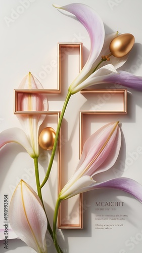 Christian Easter campaign visual, modern advertising layout, symbolic cross blended with Easter elements, elegant typography space, pastel and gold tones, premium brand style, high-end mockup, studio