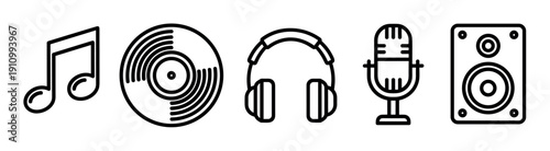 Set of black line music icons including a musical note, vinyl record, headphones, microphone, and speaker in a simple, minimalist graphic style for audio and entertainment themes