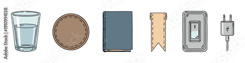Set of six hand-drawn household items including a glass of water, coaster, book, bookmark, light switch, and charger, rendered in a simple doodle illustration style with color