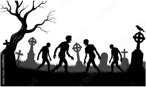 zombies walking in a spooky cemetery with tombstones and bare tree on transparent background