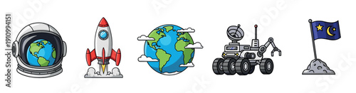 Set of space exploration cartoon icons including an astronaut helmet, rocket, planet Earth, rover, and a flag on the moon, drawn in a colorful comic book style