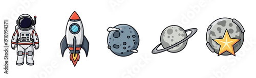 Set of cute cartoon space icons featuring an astronaut, launching rocket, planets, and moon with a star, all rendered in a playful, hand-drawn doodle illustration style