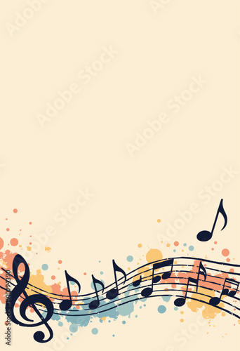 Musical Sheet background Wavy music staff lines notes flowing across bottom Black white
