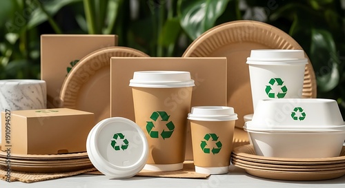 Eco friendly disposable paper cups and plates with recycling symbols on table outdoors
