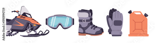 Snowmobile equipment set with a vehicle, goggles, boots, gloves, and a fuel can for winter sports activities, presented in a flat vector illustration style