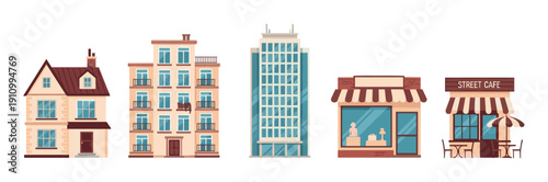 Collection of various city building illustrations including a house, apartment, skyscraper, shop, and street cafe in a flat cartoon style for urban design elements