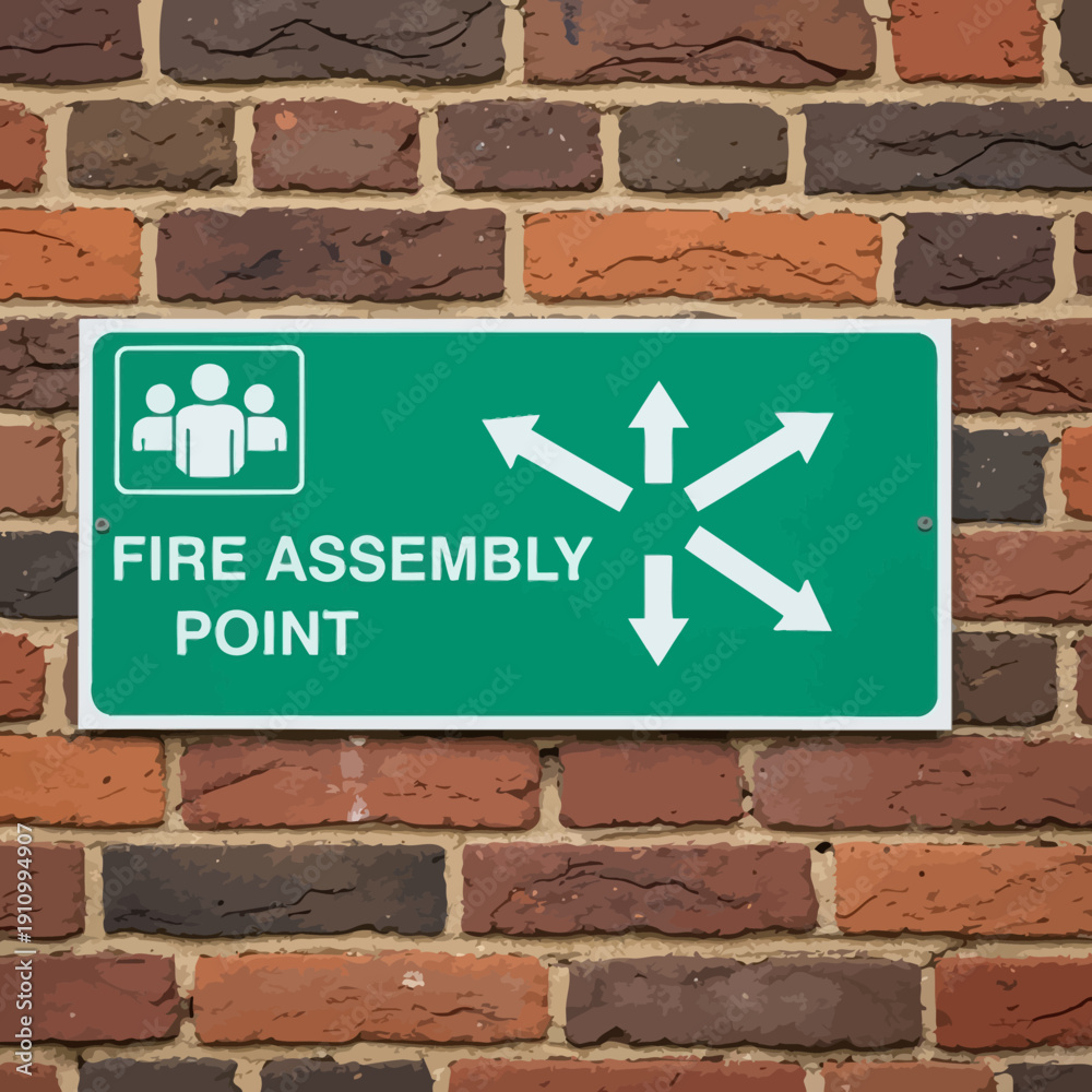 Obraz premium Green fire assembly point sign with directional arrows, mounted on a rustic brick wall, indicating emergency safety guidance.