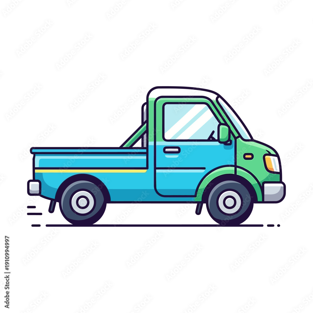 Fototapeta premium Blue and green pickup truck, cartoon style, side view, isolated on white background