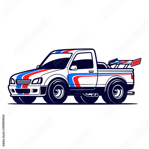 Customized racing pickup truck with spoiler and racing stripes, cartoon style