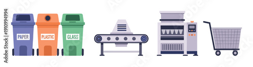 Set of recycling and waste management icons including colorful bins, a conveyor belt, industrial machinery, and a shopping cart in a flat vector illustration style