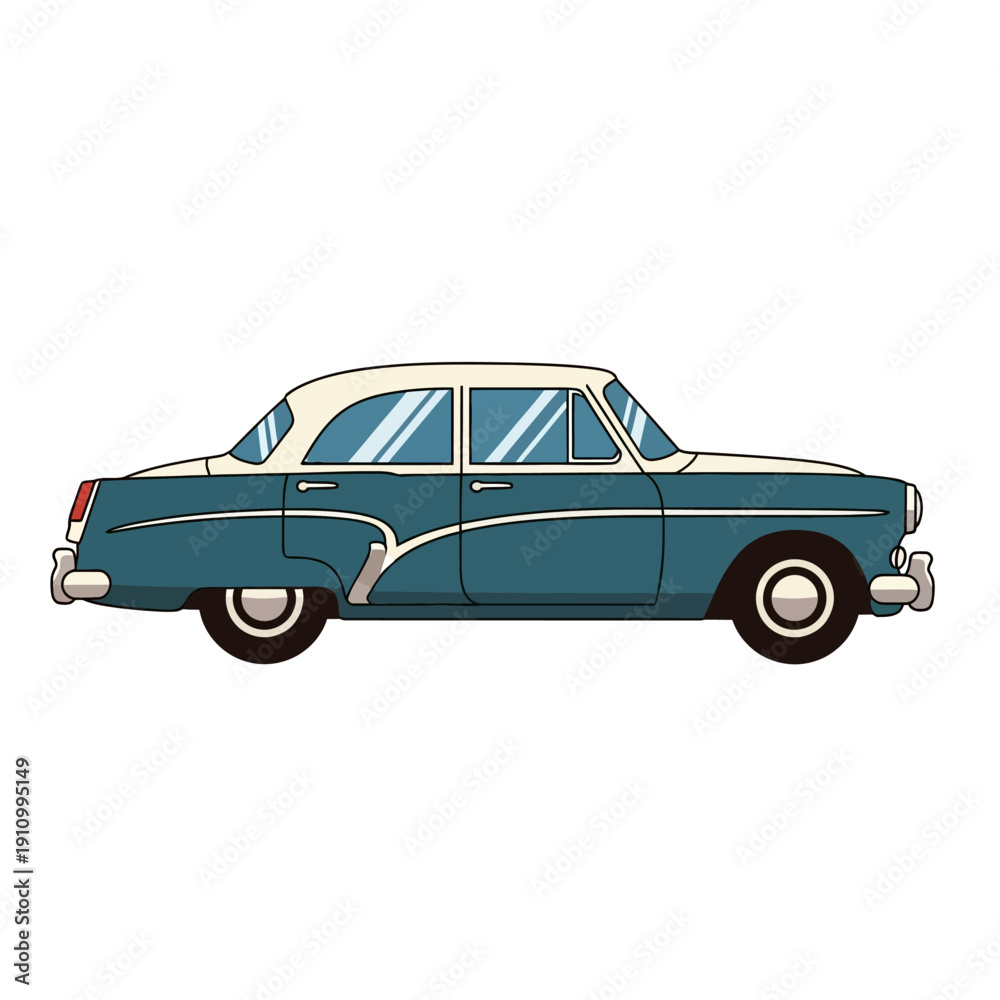 Naklejka premium Vintage Blue and White Sedan Car, Classic Automobile Illustration