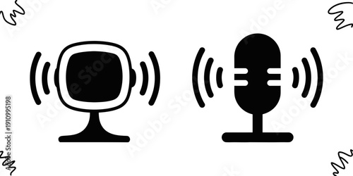 Two black glyph icons depicting a webcam and a microphone actively emitting sound waves, representing live video and audio communication.