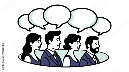 Four diverse individuals engaged in conversation with multiple blank speech bubbles above their heads.