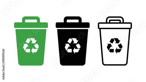 Three eco-friendly recycle bin icons displayed in green, black, and outline styles.