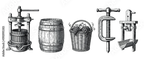 Set of vintage winemaking equipment illustrations with a grape press, wooden barrel, and wicker basket in a classic black and white hand-drawn engraving style