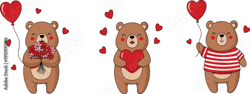 Adorable hand drawn cartoon brown bears holding red heart balloons and flower bouquets for romantic Valentines Day greeting cards.