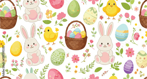 Cute Easter seamless pattern featuring bunnies chicks baskets eggs and flowers spring holiday cartoon vector illustration design