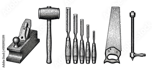 Vintage collection of woodworking hand tools including a plane, mallet, chisels, saw, and clamp, illustrated in a classic black and white engraving or woodcut style