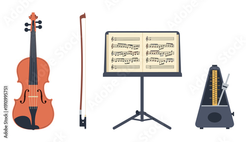 Collection of musical practice equipment featuring a wooden violin, bow, music stand with sheet music, and a classic pyramid metronome, depicted in a clean flat vector illustration style
