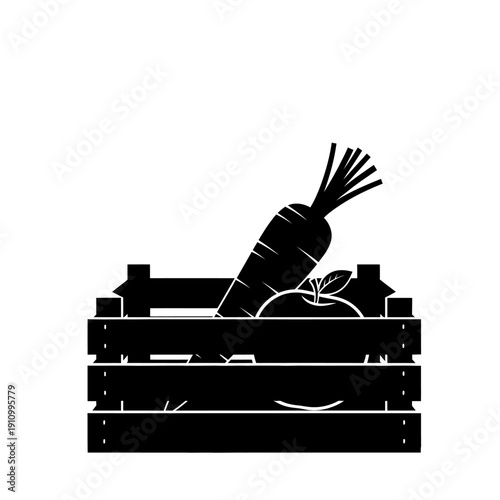 Wooden Crate Full of Fresh Organic Carrots and Apples in Silhouette Style on Isolated White Background