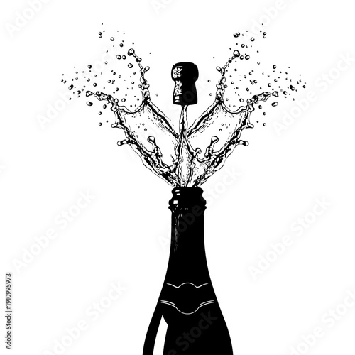 Champagne bottle popping open with cork flying and explosive splash, celebrating luxury, isolated white background.