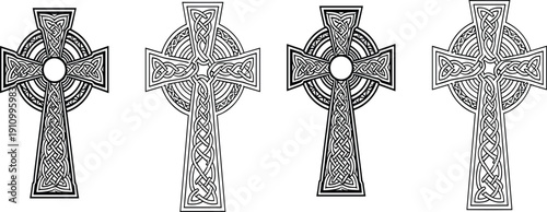 Celtic cross knotwork flat vector line art collection decorative traditional symbols set monochrome outline illustration