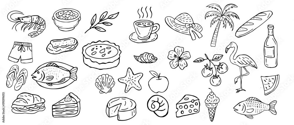 Obraz premium Hand drawn tropical food and nature elements vector illustration flat design