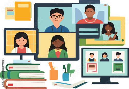 Colorful flat vector illustration of online education video conference students learning remotely with books and supplies