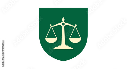 Illustration Of Lawyer's Balance Weighing Justice In A Shield Shape With Green Background
