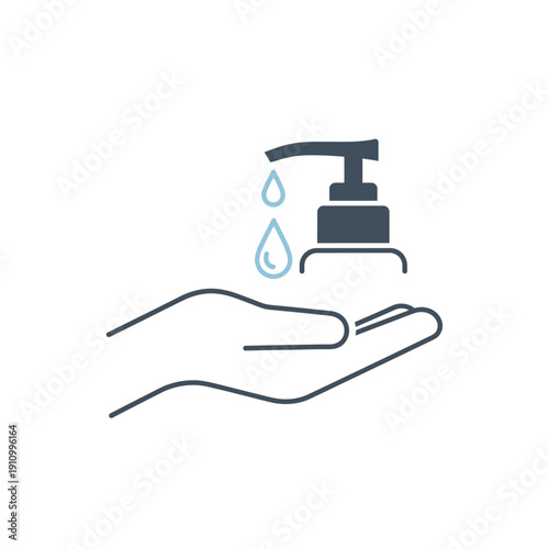 Hand receiving liquid from a hand sanitizer dispenser, symbolizing hygiene and health protection on an isolated white background.