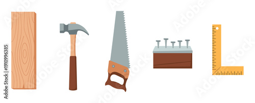 Set of carpentry and woodworking tools including a wooden plank, hammer, saw, nails, and ruler for construction projects, presented as a flat vector illustration