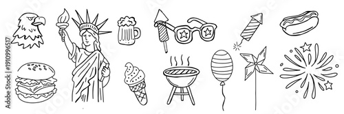 USA Independence Day BBQ celebration set with Statue of Liberty fireworks vector illustration