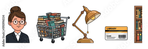 Set of library and reading illustrations featuring a librarian, a shopping cart full of books, a desk lamp, a membership card, and a bookshelf in a simple cartoon style