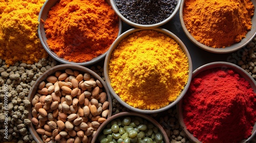 Vibrant spice powders and natural ingredients in rustic bowls