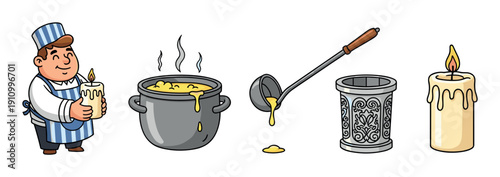 Charming cartoon illustration set of candlemaking tools and a chandler, depicting the traditional craft process from melting wax in a pot to a finished lit candle