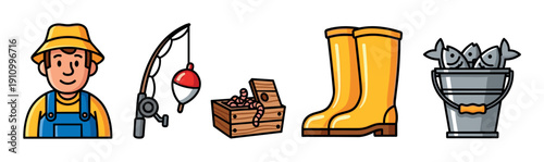 Set of colorful cartoon fishing icons including a fisherman, rod, bait, boots, and a bucket of fish, drawn in a simple, bold outline style for hobby or recreational themes