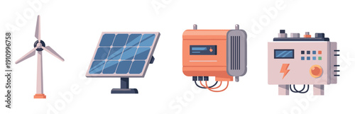 Renewable energy equipment icon set featuring a wind turbine, solar panel, power inverter, and battery storage unit for sustainable electricity generation in a flat vector style