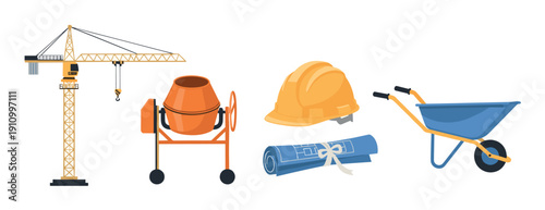 Collection of construction equipment icons including a tower crane, concrete mixer, hard hat, blueprint, and wheelbarrow in a colorful flat vector illustration style for building projects