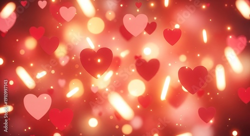 Romantic red hearts floating on glowing bokeh background