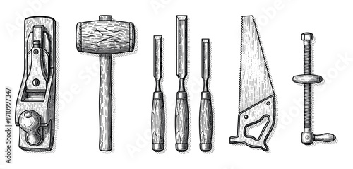 Set of vintage woodworking hand tools including a plane, mallet, chisels, saw, and clamp in a classic black and white engraving illustration style for craftsmanship concepts