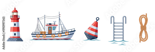 Nautical and sea-themed cartoon icon set with a lighthouse, fishing ship, floating buoy, dock ladder, and sailor's rope, depicted in a simple, clean illustrative style