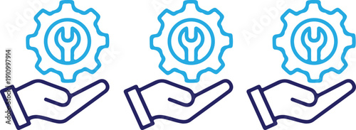 hand holding gear wrench three bule line icon set vector illustration design art