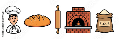 Set of cartoon baking icons including a chef, loaf of bread, rolling pin, brick oven, and flour sack representing a traditional bakery or bread making process
